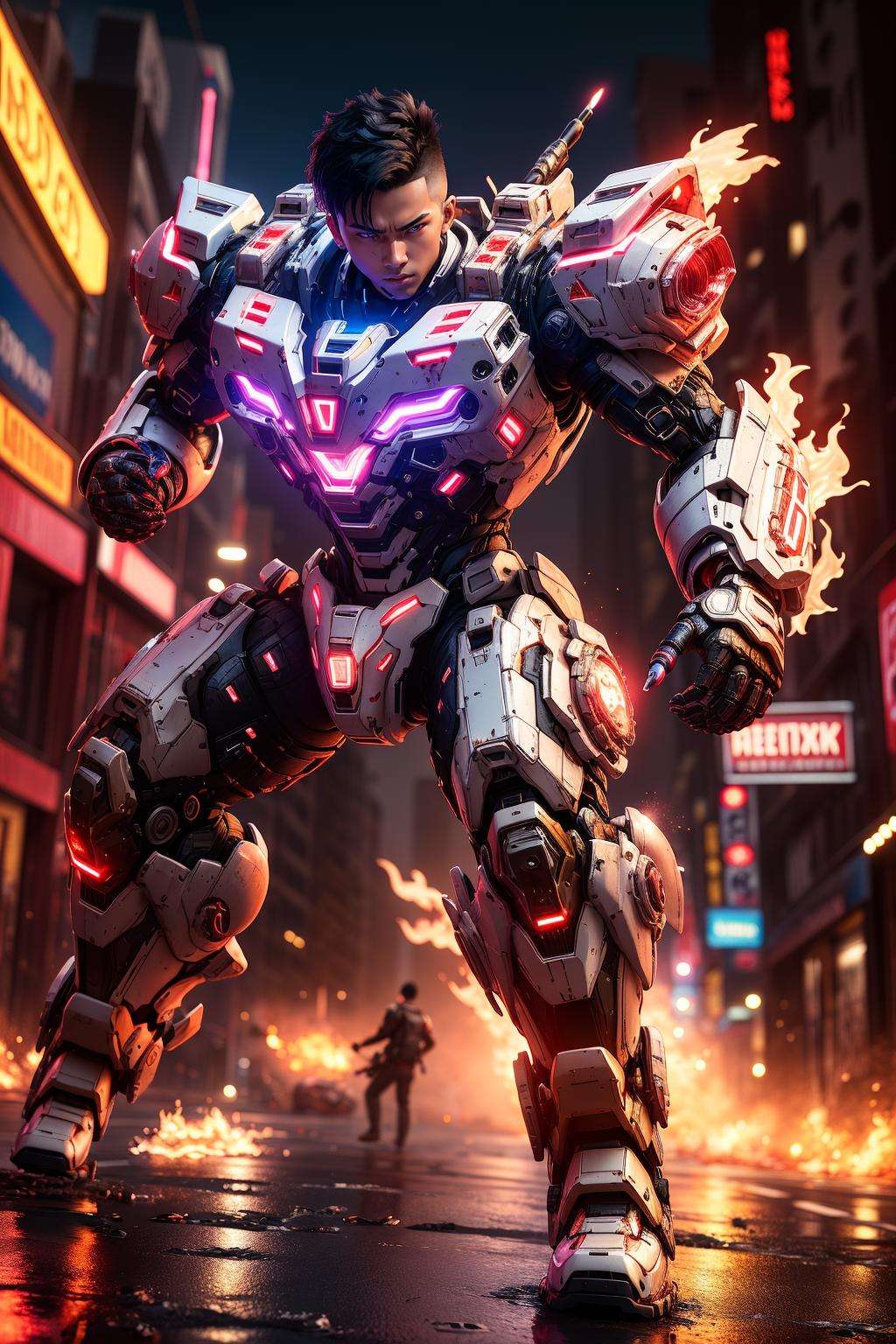 ((masterpiece)), ((best quality)), 8k, high detailed, ultra-detailed, 1boy, mecha,weapon, gunfire, battle pose, black hair, full body, glowing, fluid effects, cinema light, neon, colorful, red theme, motion blur, <lora:xsmecha:0.5>