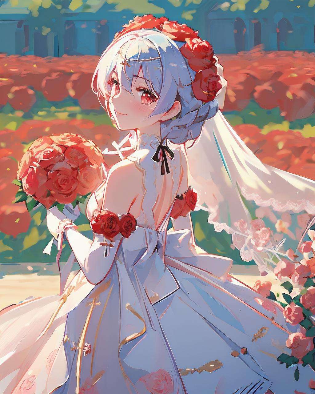 <lora:rosy_bridesmaid_m6:1>, rosy bridesmaid, (masterpiece, top quality, best quality, official art, beautiful and aesthetic:1.1), extreme detailed, colorful, 1girl, standing, cowboy shot, looking at viewer, blush, light smile, wedding dress, rose, outdoors, garden, flower, floral background, sun, blue sky, depth field