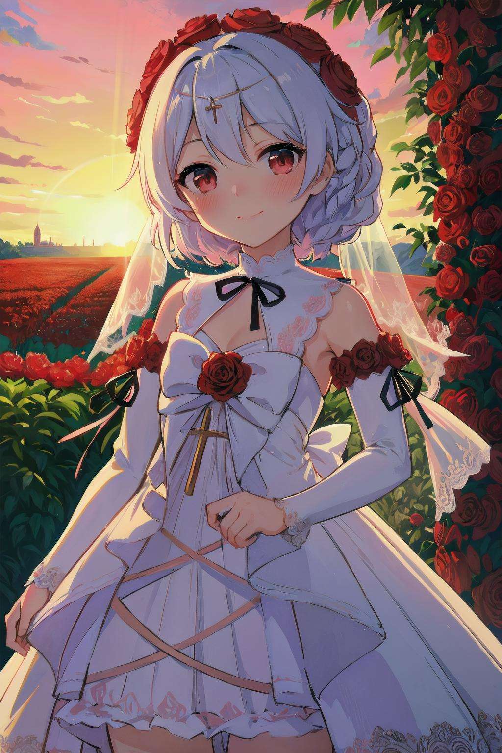 <lora:rosy_bridesmaid_m6:1>, rosy bridesmaid, (masterpiece, top quality, best quality, official art, beautiful and aesthetic:1.1), extreme detailed, colorful, 1girl, standing, cowboy shot, looking at viewer, blush, light smile, wedding dress, rose, outdoors, garden, sun, blue sky, depth field