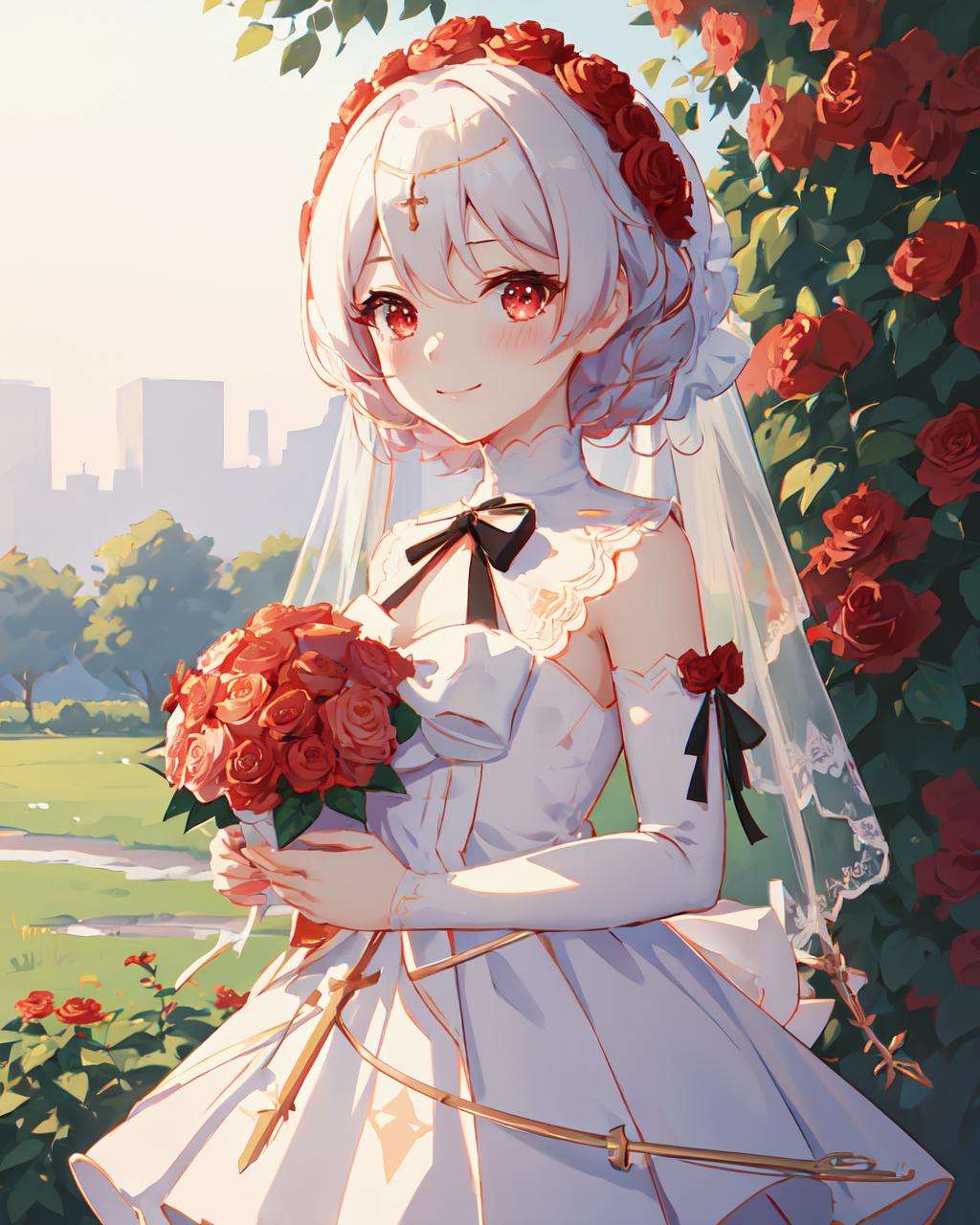 <lora:rosy_bridesmaid_m6:1>, rosy bridesmaid, (masterpiece, top quality, best quality, official art, beautiful and aesthetic:1.1), extreme detailed, colorful, 1girl, standing, cowboy shot, looking at viewer, blush, light smile, wedding dress, rose, outdoors, garden, flower, floral background, grass, sun, blue sky, depth field