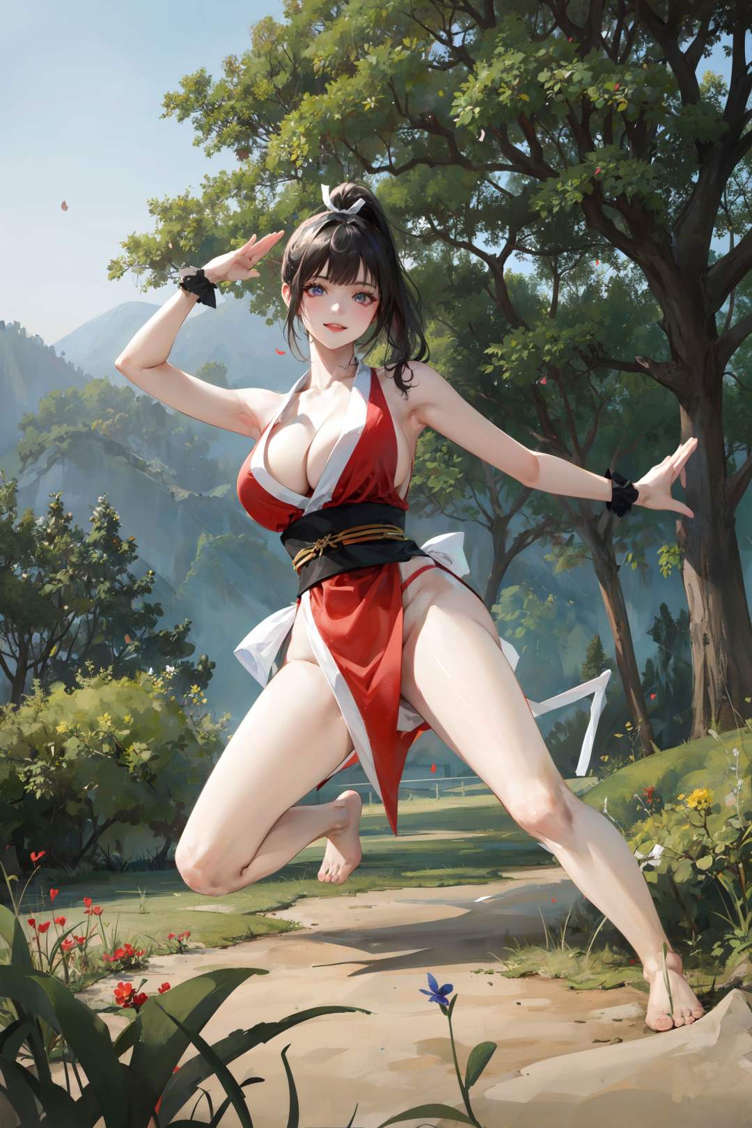 <lora:Shiranui_Mai:0.7>,shiranui_mai, (1girl),(dancing), bare shoulders, pelvic curtain, red revealing clothes,  bare arms, (high ponytail:1.2),long hair, cleavage,(red thong),(gigantic breasts:1.3), black sash,  full body, bare legs, bare feet, masterpiece, best quality,  (colorful),(delicate eyes and face), volumatic light, ray tracing, bust shot ,extremely detailed CG unity 8k wallpaper,smile,((flying petal)),(Flowery meadow) sunny,sunshine, light, fantasy, windy, magic sparks, trees, lake, mountains, ((flowers)),harano, 