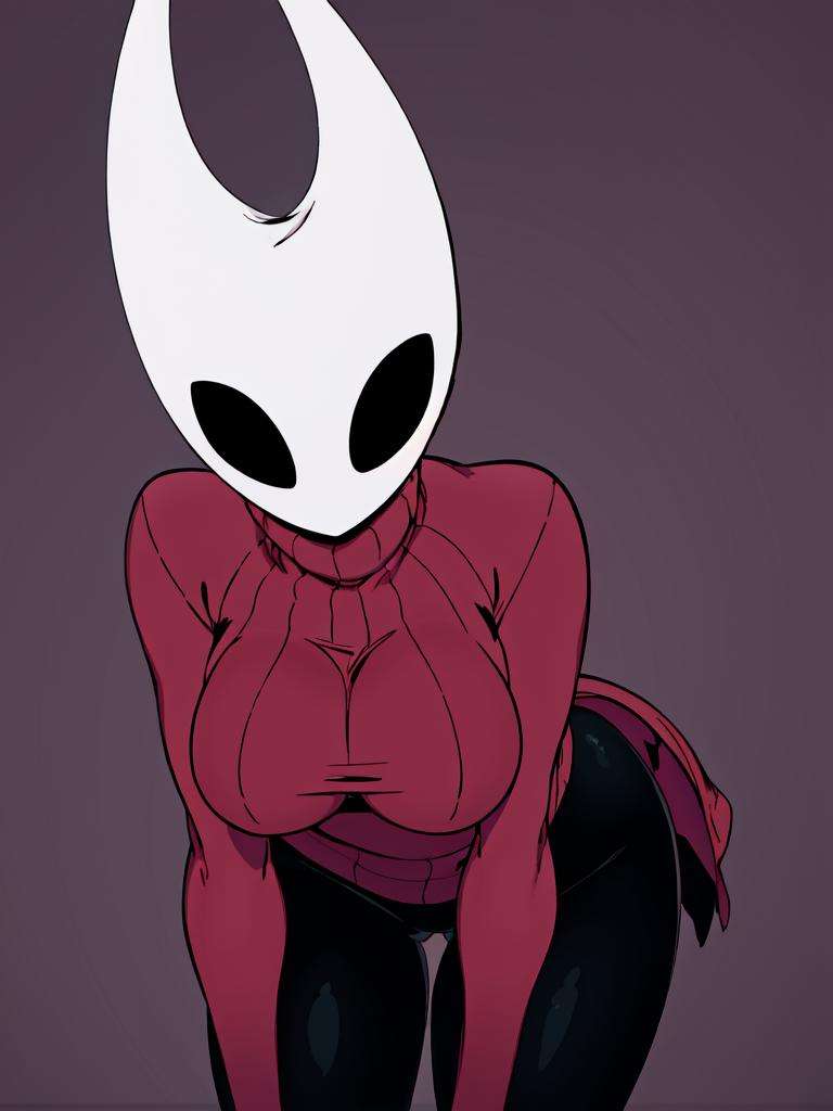 1girl, hornet, solo, mask, black eyes, red sweater, turtleneck, cowboy shot, (black skin:1.2), leaning forward, <lora:hotnet-ALK:0.9> , simple background, hanging breasts