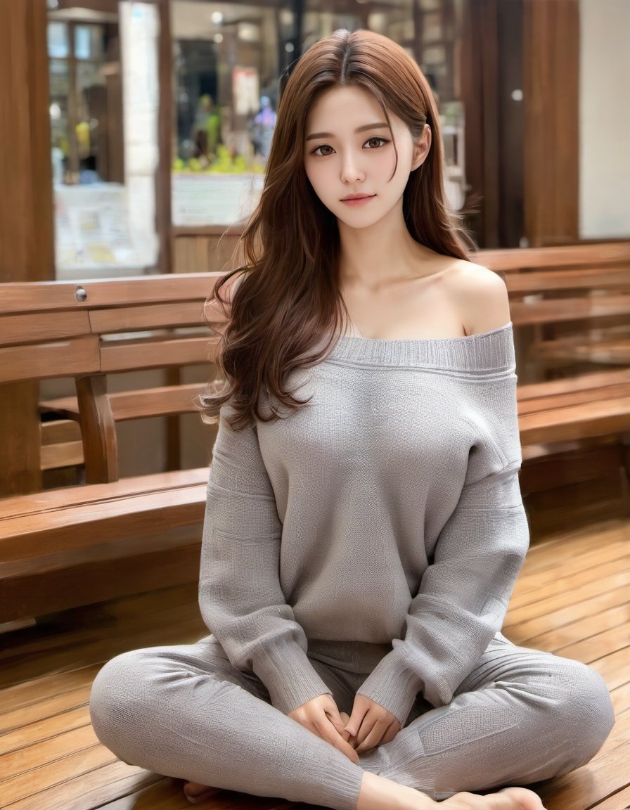 korean girl, 1girl, solo, sweater, sitting, looking at viewer, brown hair, off shoulder, brown eyes, long hair, breasts, off-shoulder sweater, bare shoulders, bench, lips, realistic, grey sweater, pants, sleeves past wrists, blurry<lora:korean_girl_xl:1> 