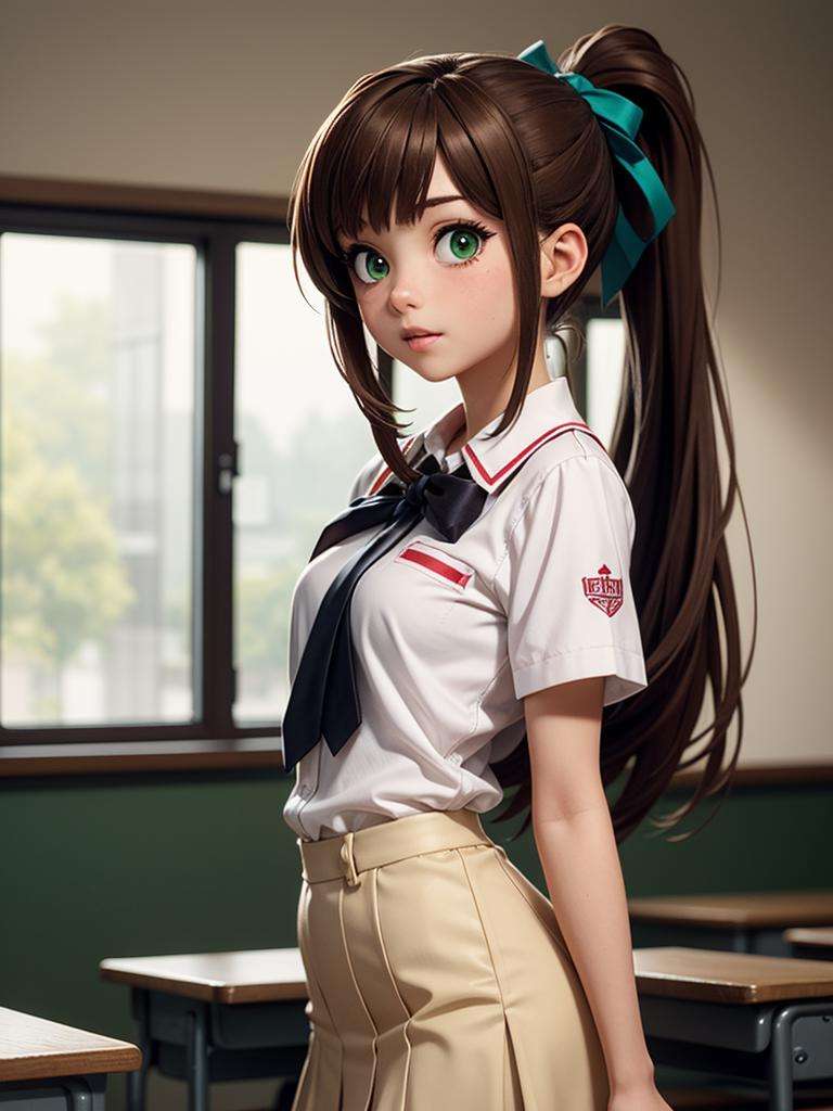 masterpiece, best quality, anime, highly detailed, 1girl, solo, school uniform, standing, classroom, monika, green eyes, brown hair, very long hair, ponytail, hair ribbon, white ribbon,