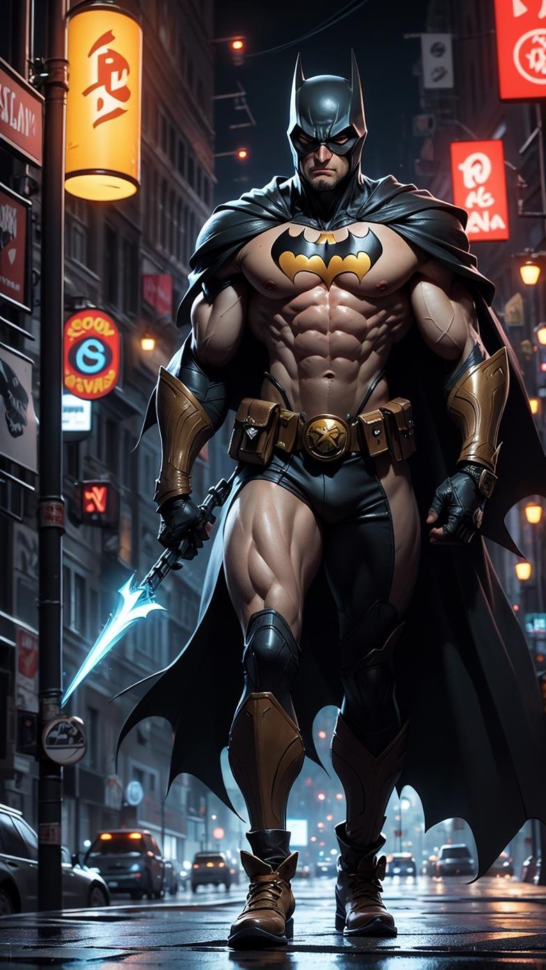 (((scowl))), (comic style poster), 1man, dark scene, (cowboy shot of batman), athletic, white eyes, no pupils, night city, (mist:0.2), particles, light rain, male focus, mask, muscular, muscular male, (long flowing cape), night, outdoors, rain, serious, dark atmosphere, lightning, detailed background, (art by Frank Miller), ((empty hands)), masterpiece, moody, (realistic:1.3), muscular:1.2, perfect lighting, perfect shading, (realistic fabric texture), volumetric shading, subsurface scattering, hyperrealistic, dynamic pose, dynamic movement, (photorealistic:1.5), <lora:more_details:0.5>, ((empty hands))