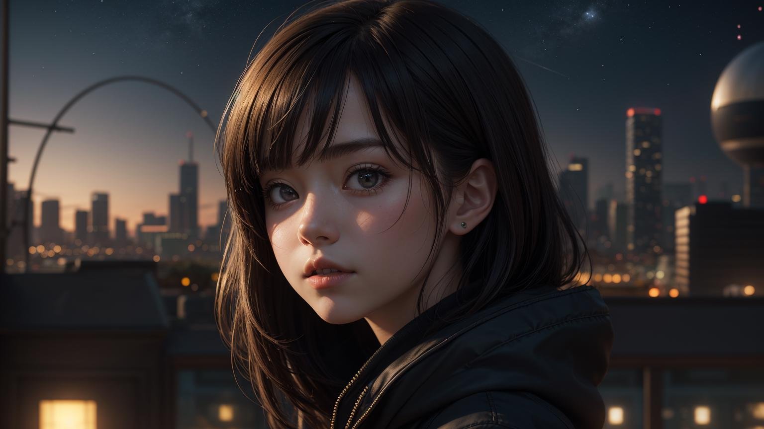 best quality, masterpiece, extremely detailed, detailed background, anime, 1girl, young girl, short girl, sci-fi, science fiction, outdoors, night, starry sky, greenhouse, megastructure, bio-dome, landscape, scenery, horizon, rooftop, sitting on rooftop, wind, looking away, atmospheric lighting, solo focus, close up, from side, depth of field, bokeh