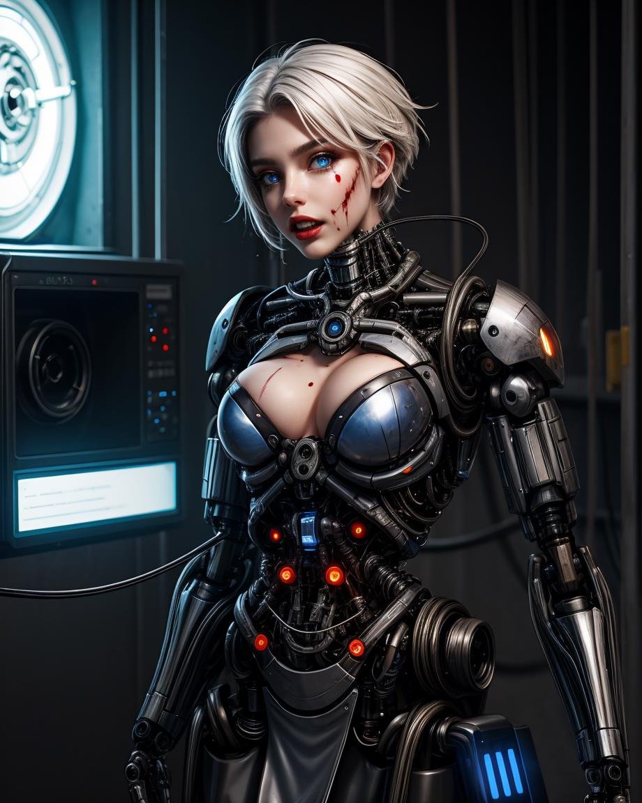 a cyborg lady, (cybernetic jaw), mechanical parts, white shirt, black latex skirt, metal skin, (glowing blue eyes), cables, wires, white hair, blood splatter,