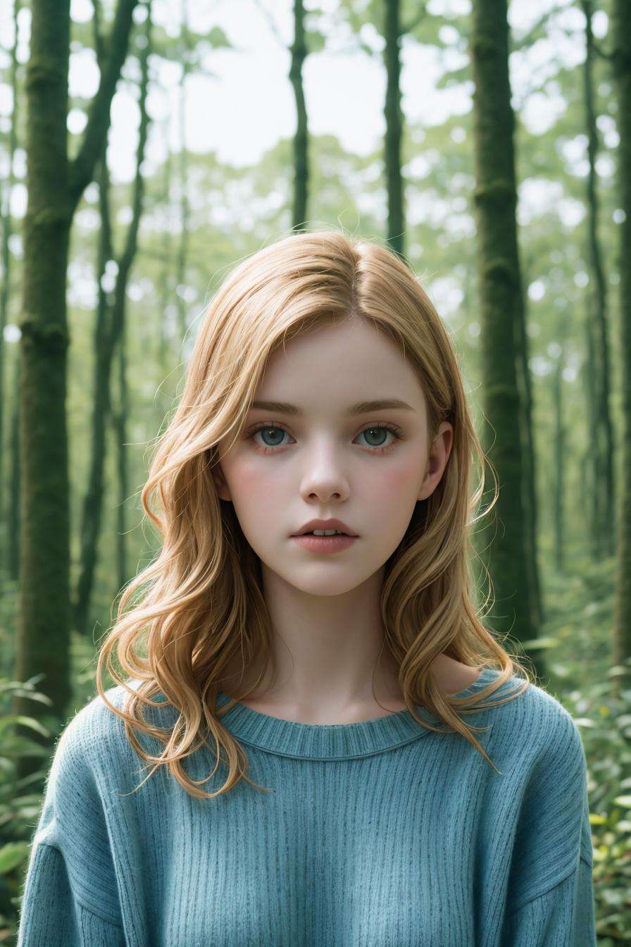 a beautiful young woman standing in front of a forest, white and pale blue toned, davide sorrenti, anamorphic 5 0 mm lens, close-up portrait film still, gothic influence, wearing an oversized sweater, editorial photograph, colour shift, film screenshot