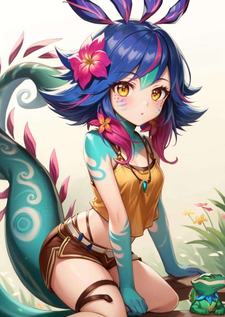 masterpiece, best quality, neeko, hair ornaments, hair flower, brown shorts, crop top, lizard tail, facial marks <lora:neeko-nvwls-v2-000014:0.9>