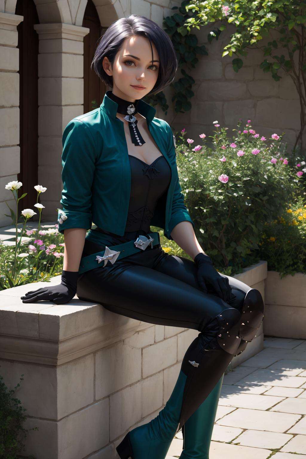 masterpiece, best quality, defShamir, collar, shoulder pad, black shirt, black gloves, bodice, green jacket, green belt, black pants, green boots, sitting, courtyard, medieval architecture, garden, looking at viewer, serious, (smile:0.6) <lora:shamir-nvwls-v3-2-000012:0.9>