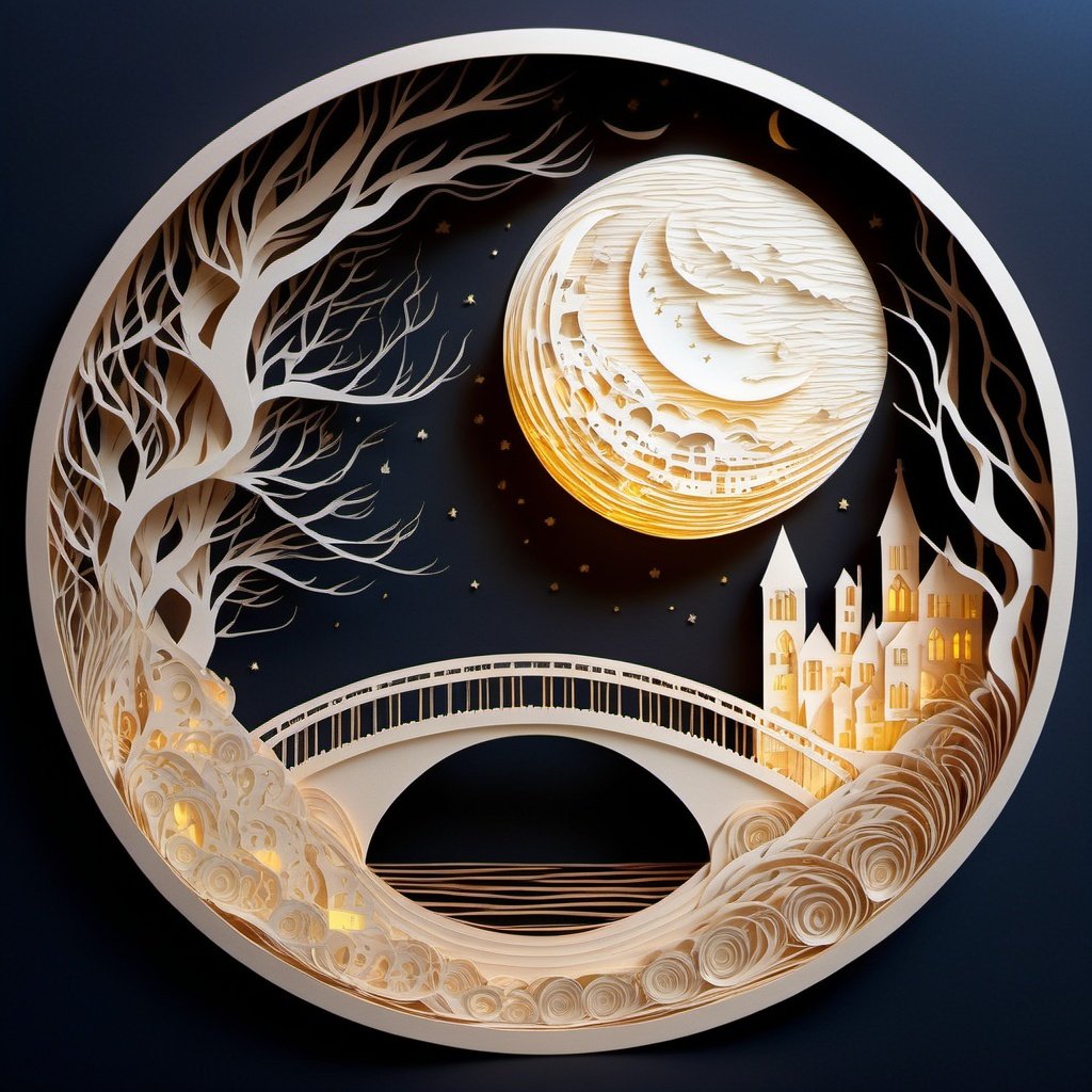 papercut, (moonlit cityscape), bridge, clouds, trees, circular border