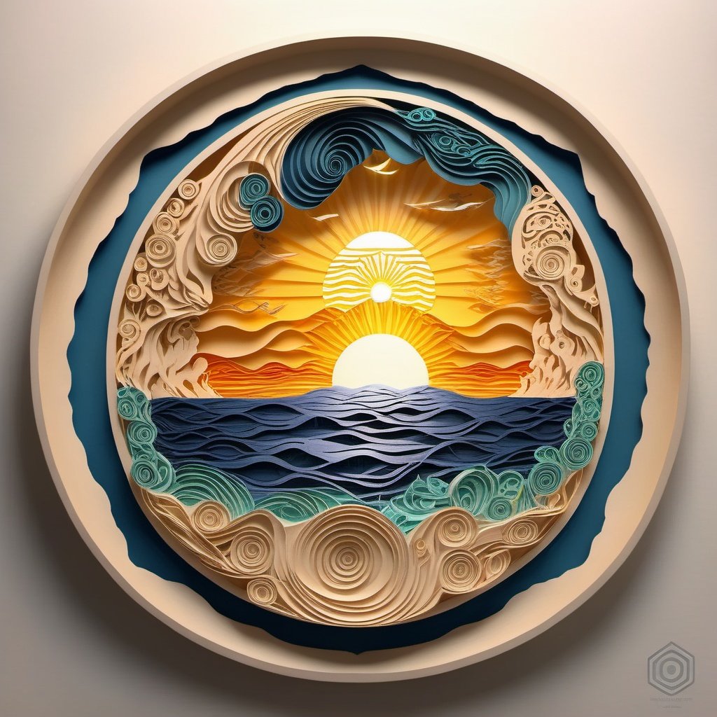 papercut (goddess made of waves) at sunrize with a circular border