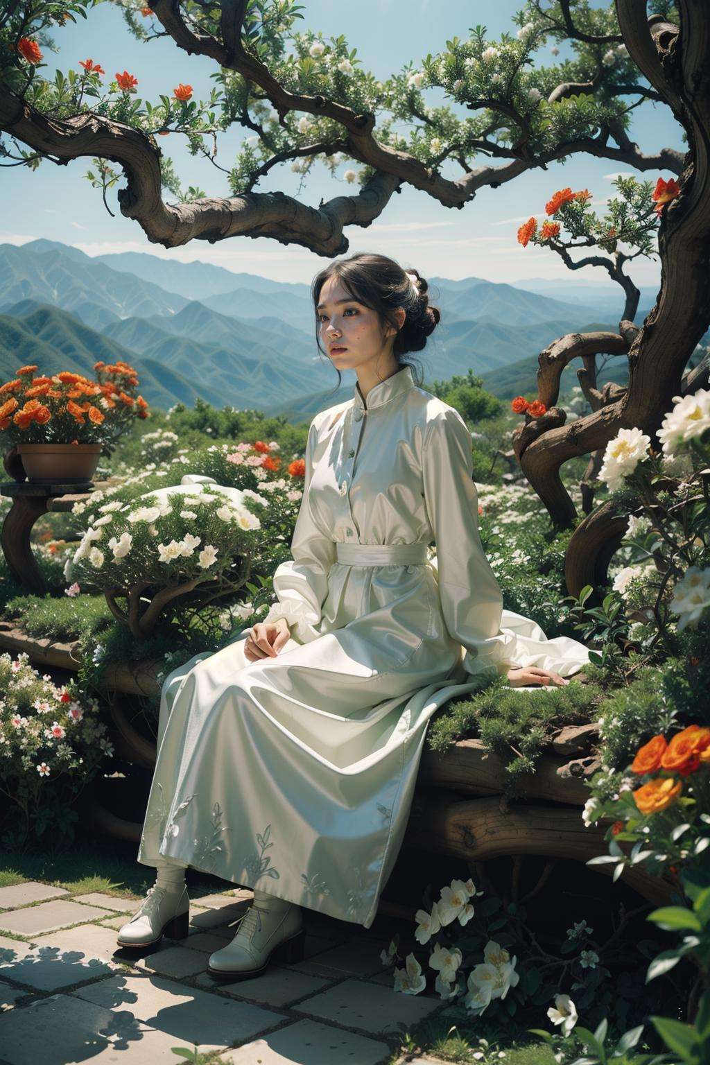 Best quality,masterpiece,ultra high res,(photorealistic:1.4),<lora:林-000008:0.8>,lin,1girl,(tree:1.2),solo,(nature:1.3),sky,dress,mountain,(plant:1.2),full body,sitting,(flowers:1.2),indoor,full of trees,