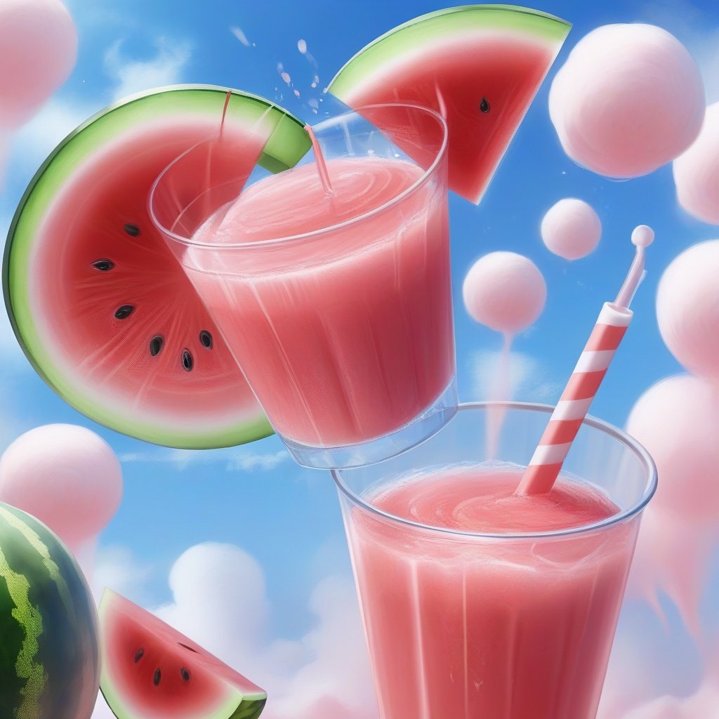 <lora:sdxl-000013:0.4> ,Watermelon juice, camisole, belching fan, cool and sultry, blue sky dragging thick marshmallows, it is July.,sakimichan 