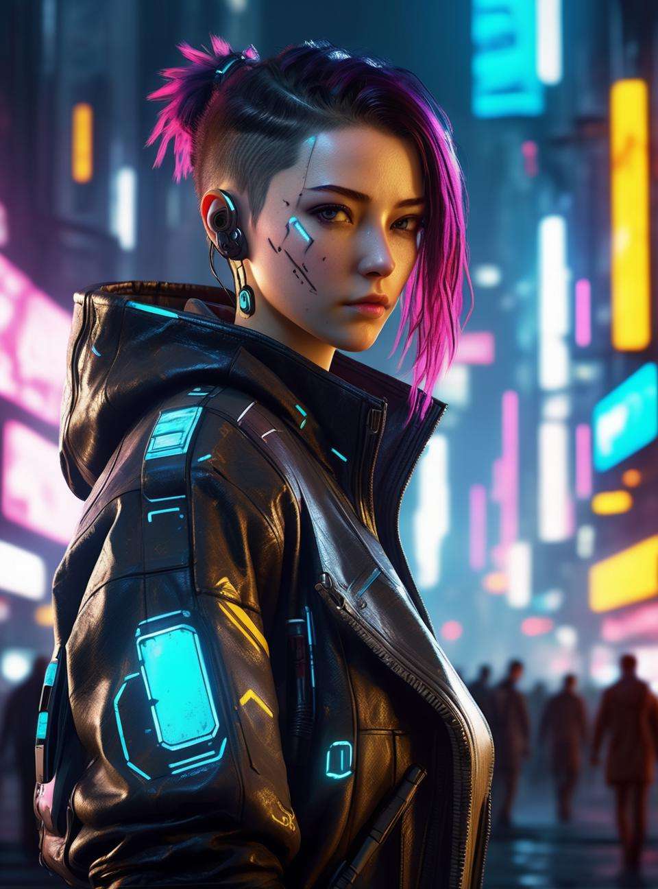 Masterpiece, best quality, uhd, 8k resolution, best light, realistic, detailed background, detailed face, detailed hands, 1girl, elegant girl from cyberpunk world