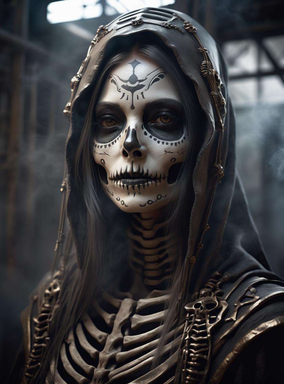 photorealistic, ultra details, natural light ultra detailed portrait of a female necromancer, skeleton face volumetric fog, Hyperrealism, breathtaking, ultra realistic, ultra detailed, cyber background, cinematic lighting, photography, stunning environment, wide-angle