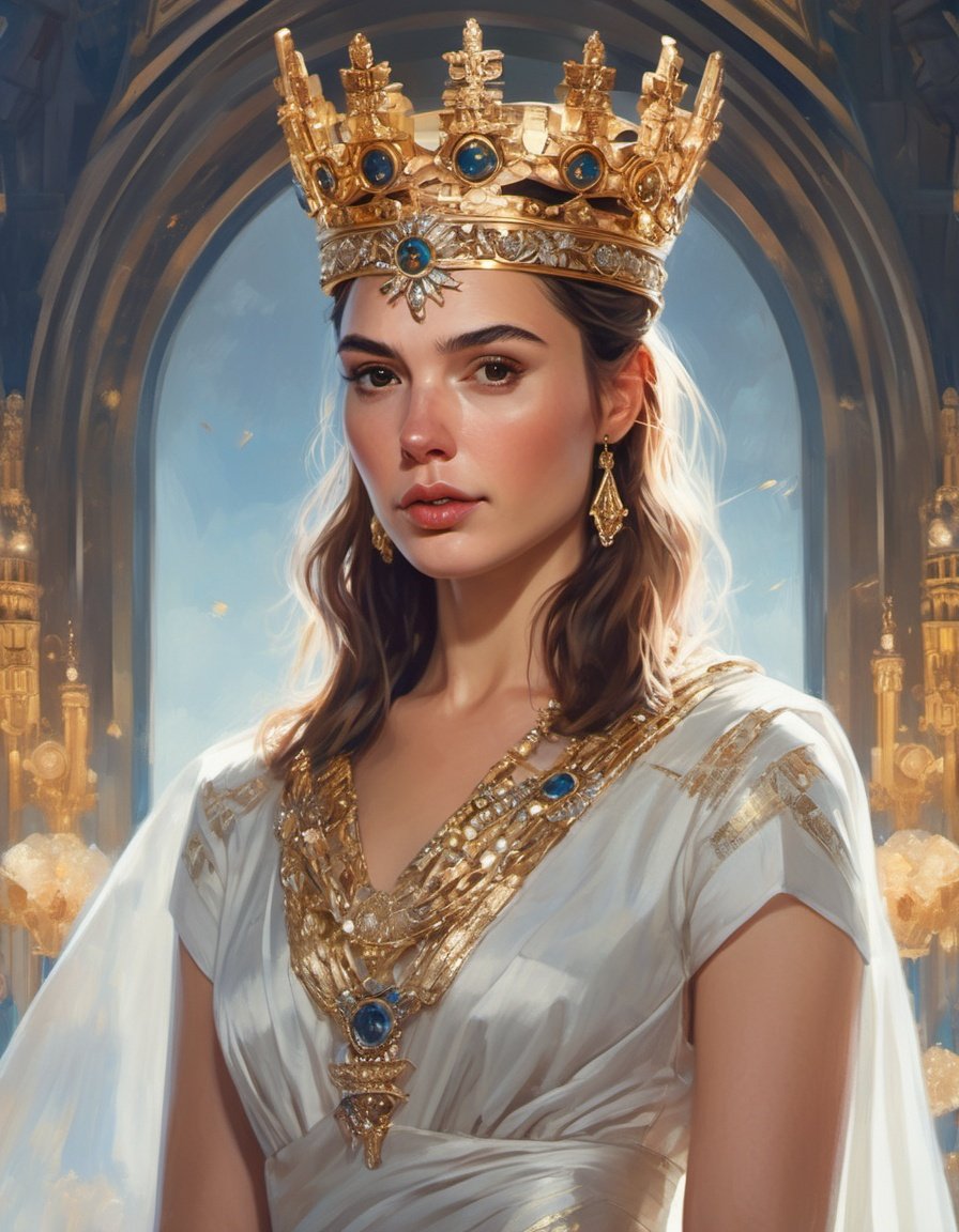 highly detailed portrait of  (ohwx woman)     as an elegant goddess, ornate crown, beautiful symmetrical face, digital painting, artstation, concept art, smooth, clear focus, illustration, greg rutkowski, artgerm, global lighting, detailed and fantasy