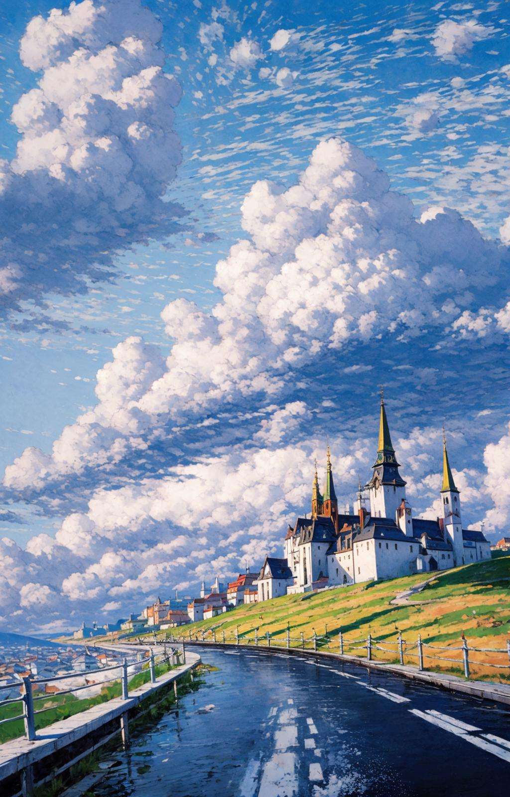 city, house,european architecture, outdoor, sunny day, road, white clouds, distant view, depth of field<lora:Oil painting stick_20230710133139:0.71>