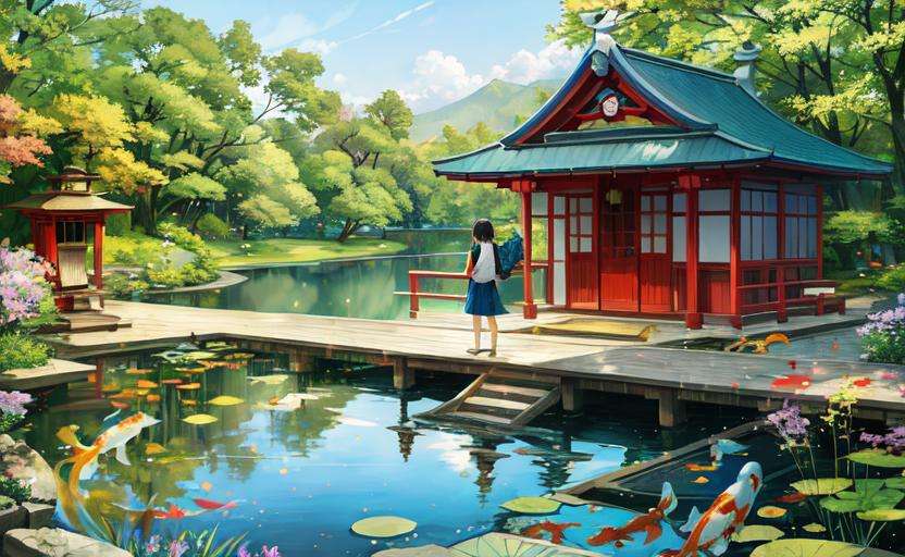 1girl, looking at the viewer, water, pond, lake, shrine, koi