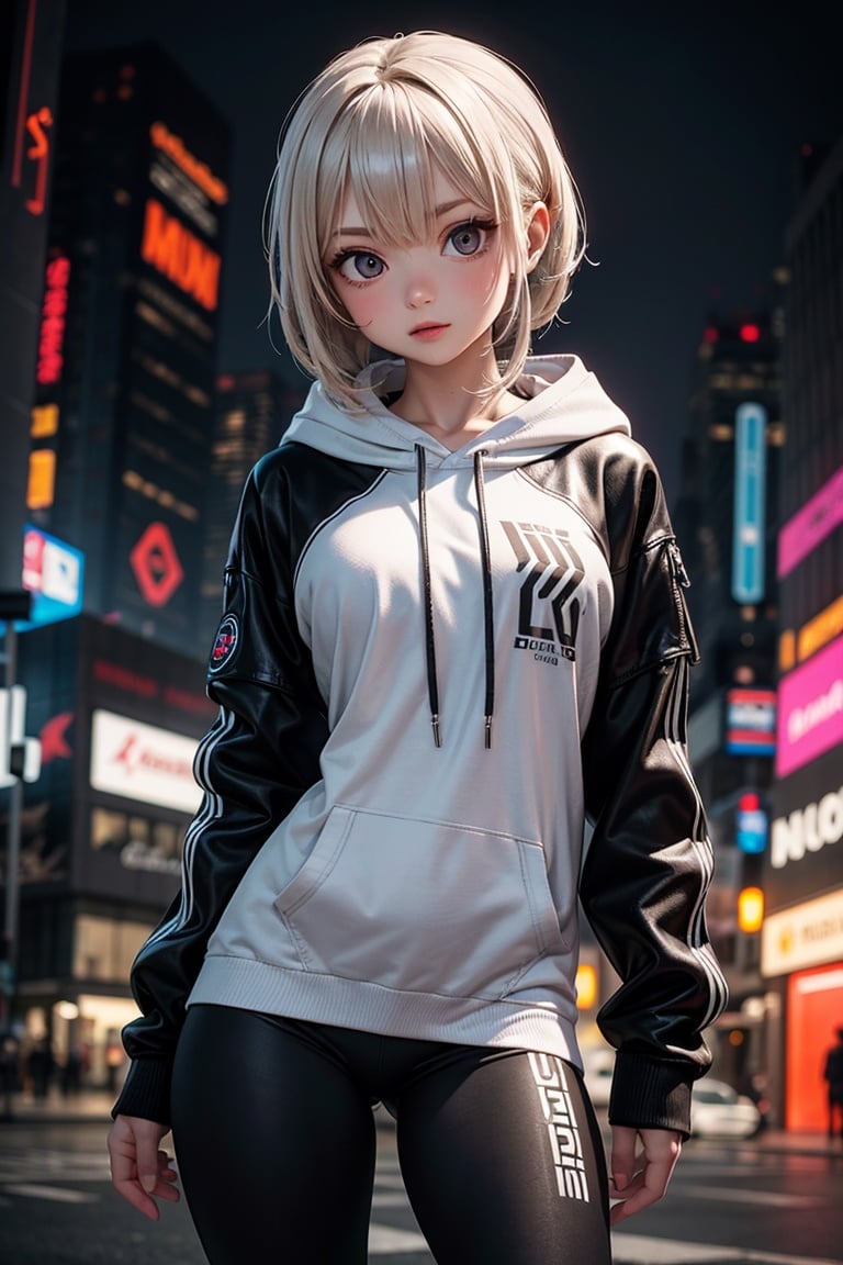 edgNoire,upper body shot,female, woman wearing casual hoodie with logos, sleek designer bodysuit, (cyber leggings:1.1) ,cyberpunk scene