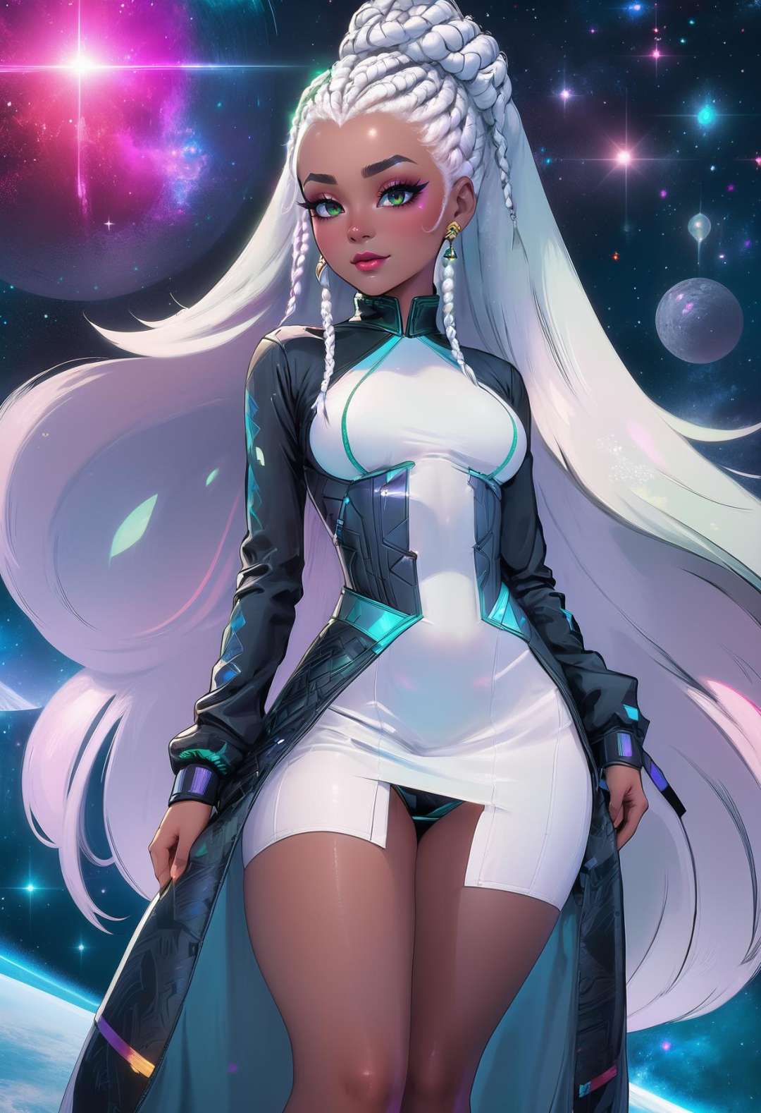 beautiful woman with white hair, Box Braids, outlandishly sexy costume design, , on a exciting, dank starbase, chinese, saturated colors