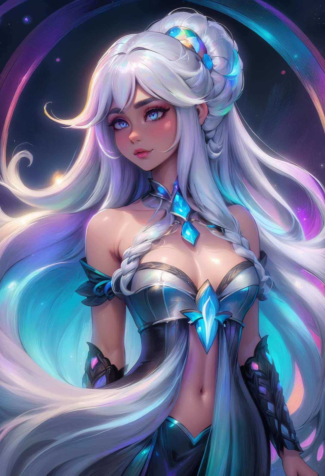 beautiful woman with pastel silver hair, Shaggy Layers,very long hair, elaborate costume design, full body, in a fantasy dreamscape, , dramatic lighting,saturated colors,warm lighting,high contrast, oil on canvas