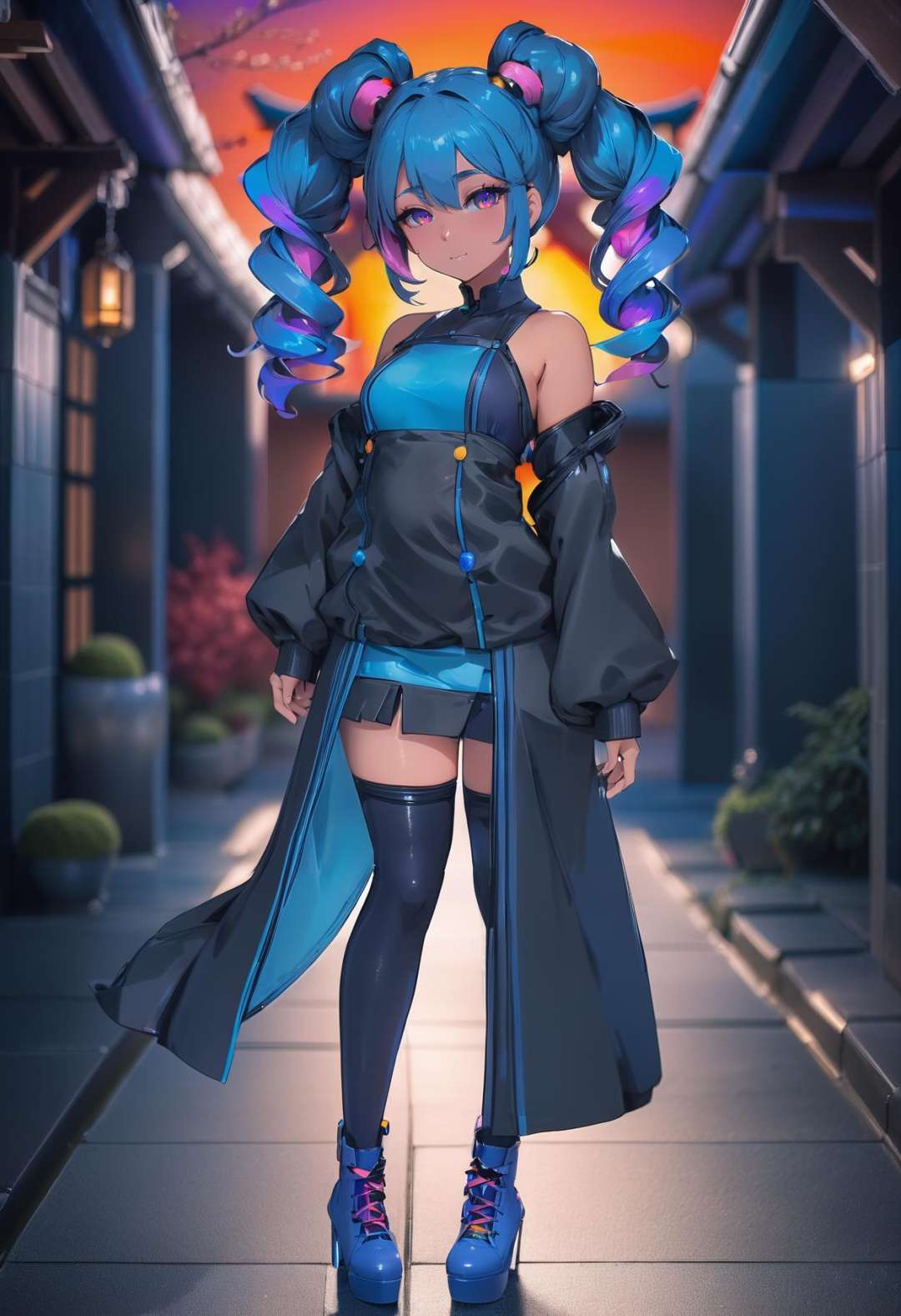 beautiful woman with vivid sunset hair with slate blue highlights, Space Buns, outlandishly sexy costume design, full body, in a  courtyard, japanese, warm lighting,dramatic lighting,saturated colors,high contrast