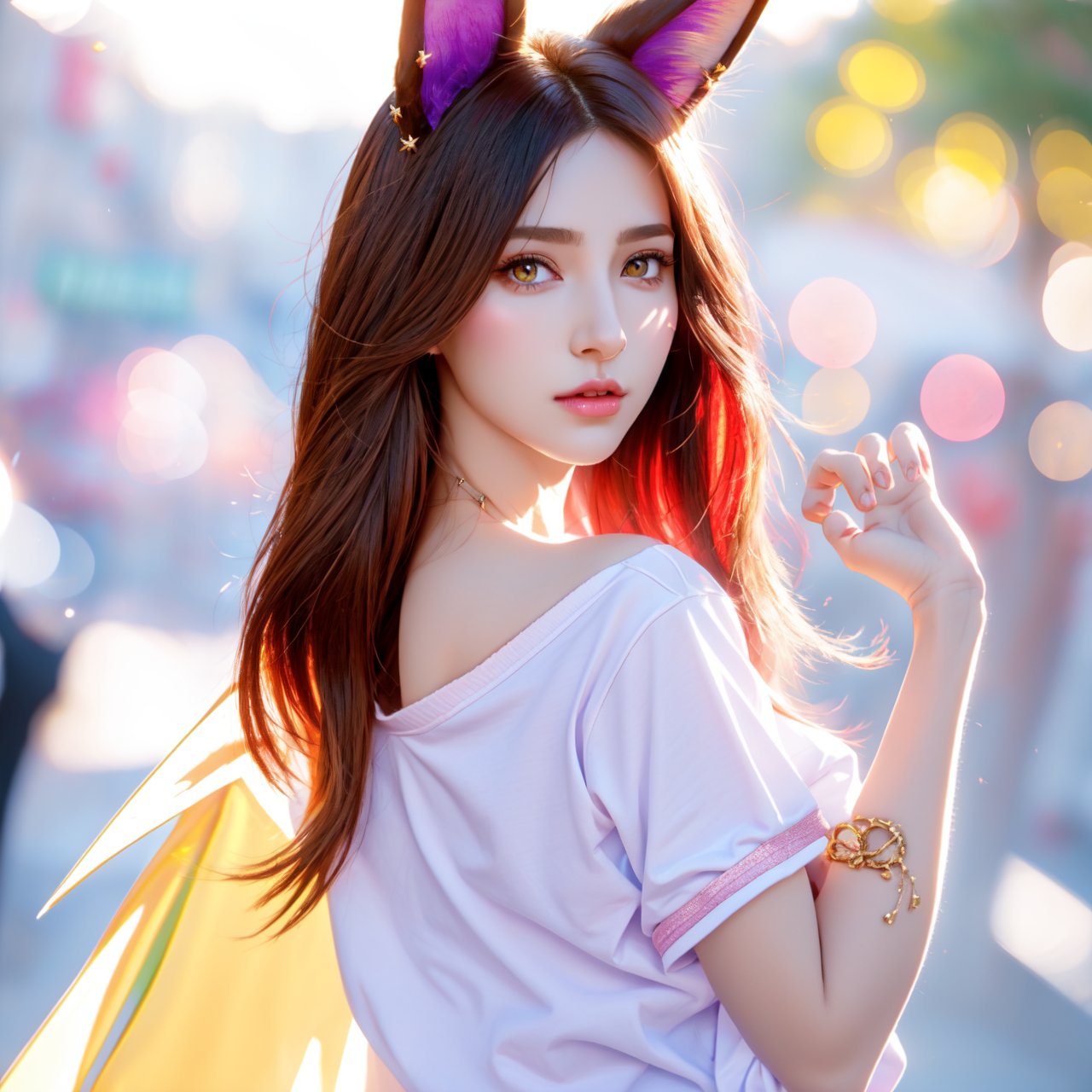 Xayah,t-shirt,  animal ears, yellow eyes, pierced nose, casual clothes, portrait, stunning, hair over shoulder, hoodless, beautiful, 4k