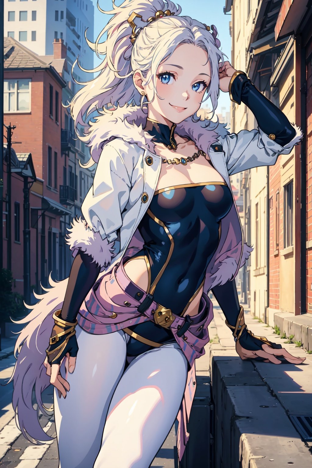 masterpiece, best quality, laplace, hair ornament, white coat, belt, black bodysuit, fur trim, gloves, blue boots, standing, smug, smile, leaning forward, city street, close-up, 