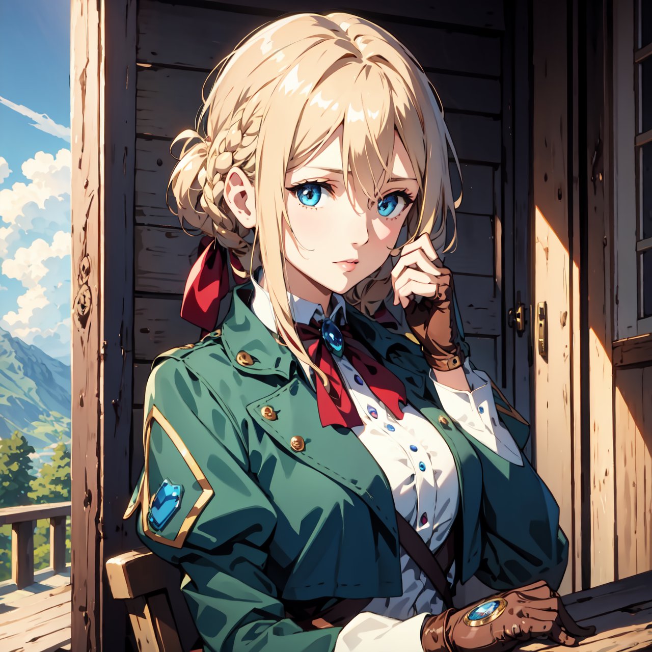 violetevergarden, violet evergarden, blonde hair, blue eyes, hair ribbon, ribbon, short hair, braids, hair braids, red ribbon, mature female,
BREAK blue jacket, brown gloves, cropped jacket, dress, gloves, green brooch, jacket, juliet sleeves, long sleeves, puffy sleeves, white dress,
BREAK looking at viewer,
BREAK outdoors, city,
BREAK (masterpiece:1.2), best quality, high resolution, unity 8k wallpaper, (illustration:0.8), (beautiful detailed eyes:1.6), extremely detailed face, perfect lighting, extremely detailed CG, (perfect hands, perfect anatomy),