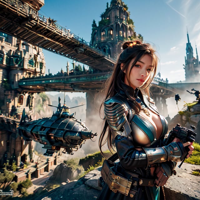 best quality,ultra-detailed,medieval sci-fi fusion,3D rendering,concept artists,portraits,detailed characters,ancient architecture,futuristic technology,mystical landscapes,epic battles,vivid colors,enchanted forests,alien creatures,magical artifacts,steampunk elements,warrior princess,hovering airships,advanced weaponry,giant mechanical dragons,mysterious ruins