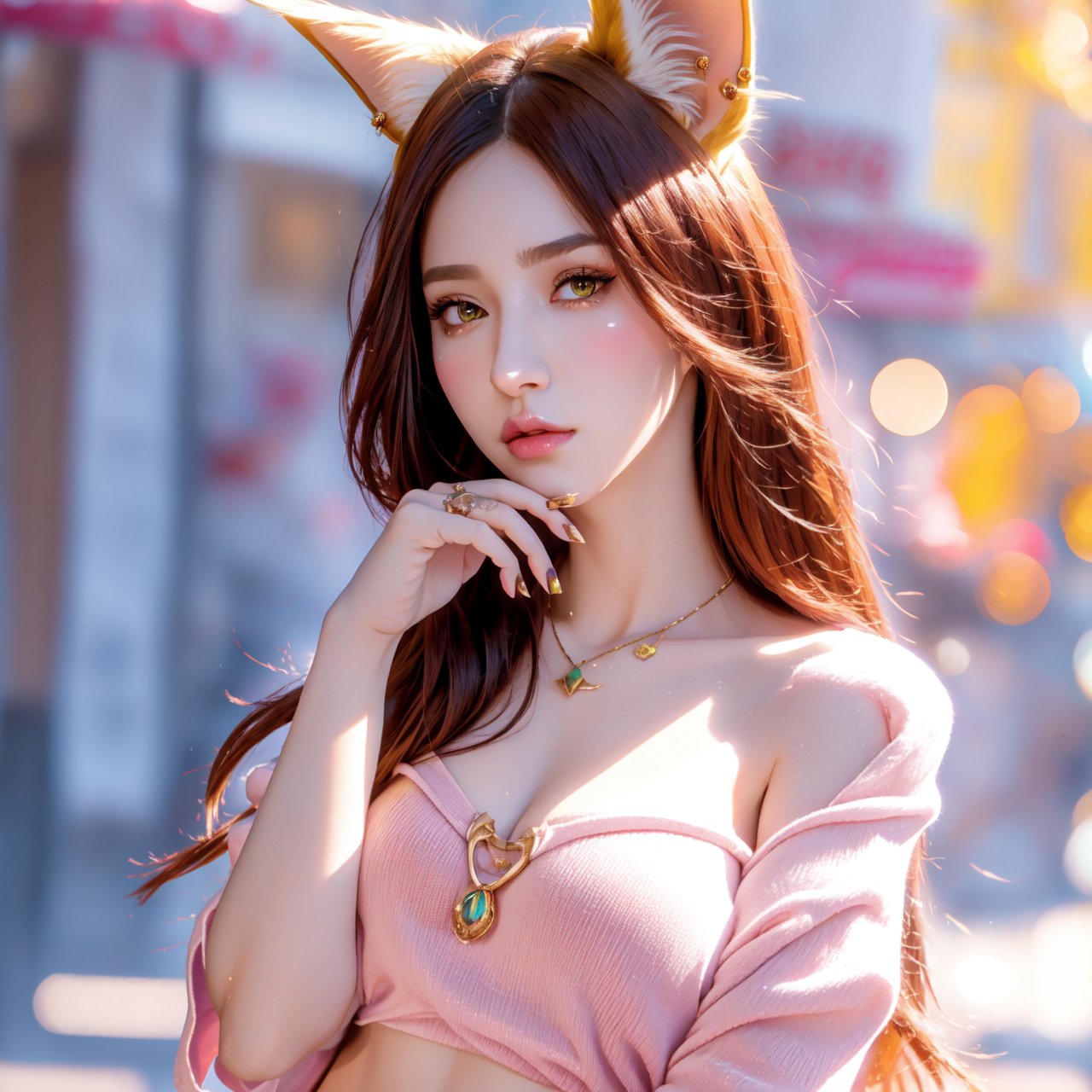 Xayah,t-shirt,  animal ears, yellow eyes, pierced nose, casual clothes, portrait, stunning, hair over shoulder, hoodless, beautiful, 4k