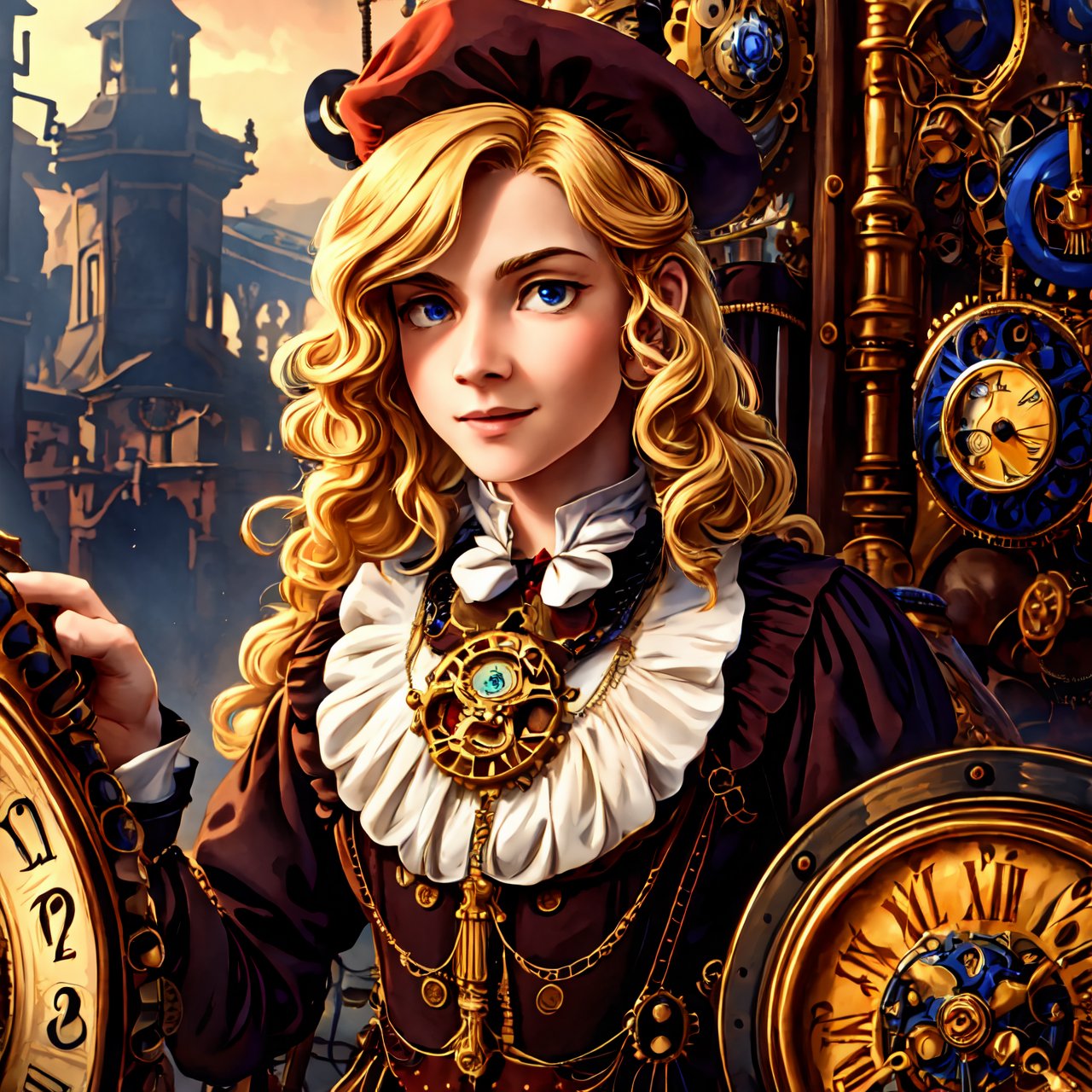 close-up, straight hair blonde short curly child girl the little red hat, clock on necklace, (Victorian era), ((steampunk)), cinematography, worked, elegant, meticulous, magnificent, maximum detail, extremely hyper-aesthetic, intricately detailed, lots of gears, old town background