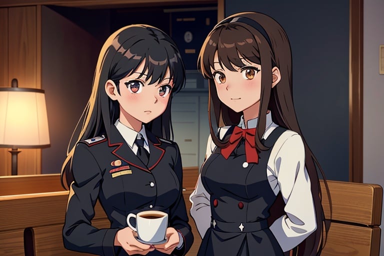 anime girl in uniform with a cup of coffee, anime maid  ss military, in black uniform, anime moe artstyle, (anime girl), girl wearing uniform, marin kitagawa fanart, inspired by Jin Homura, iwakura lain, rin tohsaka, an anime girl, reisen udongein inaba, jk uniform, by Jin Homura