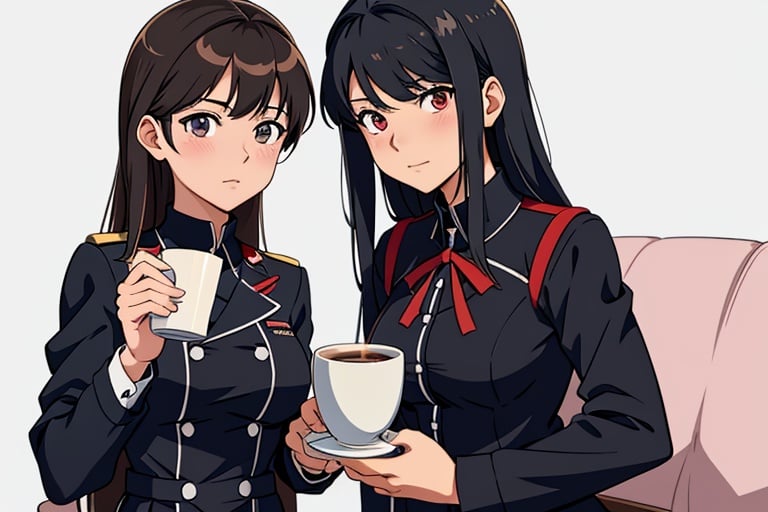 anime girl in uniform with a cup of coffee, anime maid  ss military, in black uniform, anime moe artstyle, (anime girl), girl wearing uniform, marin kitagawa fanart, inspired by Jin Homura, iwakura lain, rin tohsaka, an anime girl, reisen udongein inaba, jk uniform, by Jin Homura