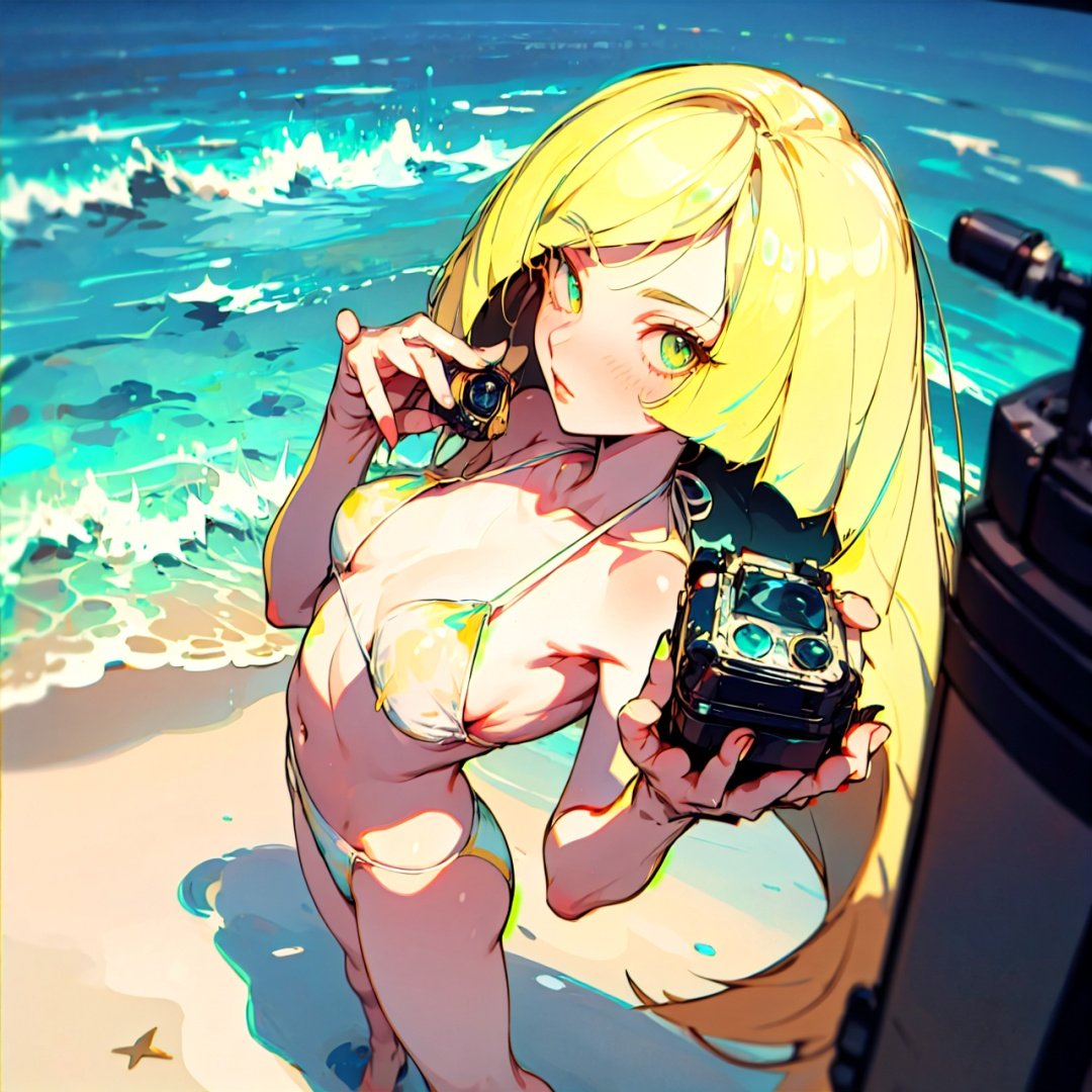 (CharacterSheet:1), 1_girl, lusamine, in sexy white bikini, ginourmous perky breasts, style by NTY, ((camera from above)), foreshortening, at the beach, beautiful, masterpiece, complex_background, detailed eyes, detailed face, 8k cinematic lighting, 