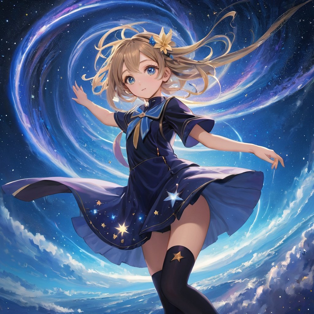 ((masterpiece)), (((best quality))), ((ultra-detailed)),  ((disheveled hair)), beautiful detailed eyes, (1girl:1.2),(solo), dynamic angle, dark magician girl,(black kneehighs:1.1),(starry tornado:1.4), starry Nebula, Flower Sea,