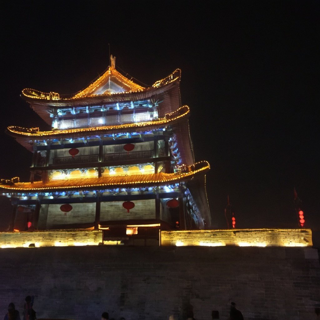 chengqiang,((buildings)),arafed building with a clock on top of it at night,ancient chinese architecture,made of glowing wax and ceramic,very old,torri gate,breath taking beautiful,bells,of a old 13th century,vividly beautiful colors,solo,tang dynasty,around the city