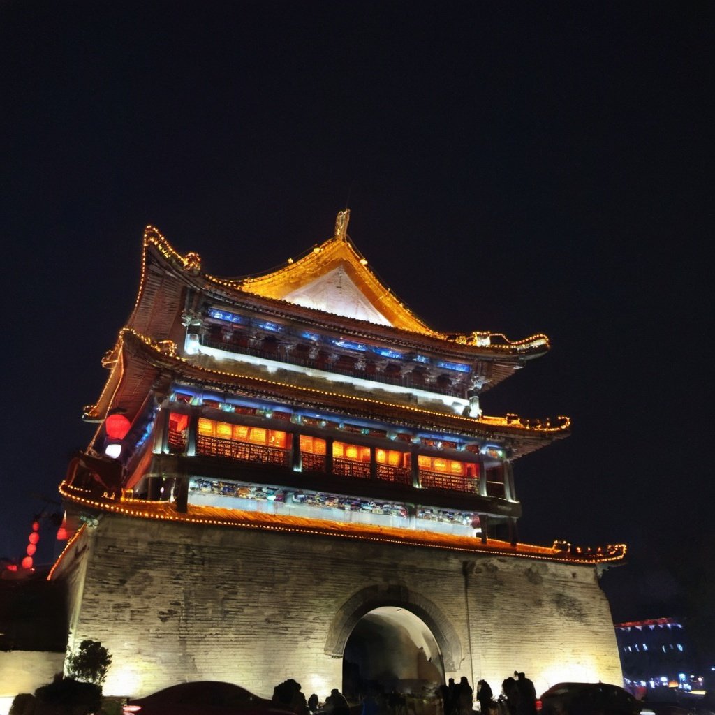 chengqiang,((buildings)),arafed building with a clock on top of it at night,ancient chinese architecture,made of glowing wax and ceramic,very old,torri gate,breath taking beautiful,bells,of a old 13th century,vividly beautiful colors,solo,tang dynasty,around the city