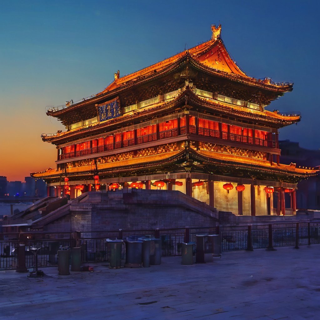 chengqiang,((buildings)),arafed building with a clock on top of it at night,ancient chinese architecture,made of glowing wax and ceramic,very old,torri gate,breath taking beautiful,bells,of a old 13th century,vividly beautiful colors,solo,tang dynasty,around the city