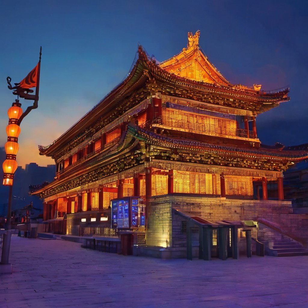 chengqiang,((buildings)),arafed building with a clock on top of it at night,ancient chinese architecture,made of glowing wax and ceramic,very old,torri gate,breath taking beautiful,bells,of a old 13th century,vividly beautiful colors,solo,tang dynasty,around the city