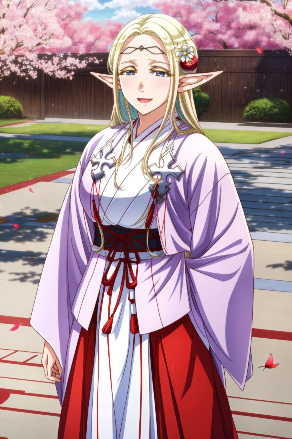 1woman, masterpice, high quality, best quality, highly detailed, (official art), (proffesional art), (perfect face, eyes and nose) elda, pointy ears, elf, hair ornament, kimono, japanese clothes, red hakama, miko,<lora:elda-08:0.8>, <lora:more_details:0.8>, big breasts, (outdoors), cherry trees, falling leaves, blue sky, armony, open mouth, smile