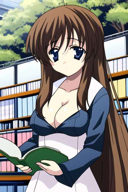 book, 1girl, holding book, library, bookshelf, reading, open book, ahoge, brown hair, solo, blue eyes, holding, long hair, breasts, dress, long sleeves, looking at viewer, building, cleavage, tree, <lyco:schooldaysLora:1>, schooldays,  