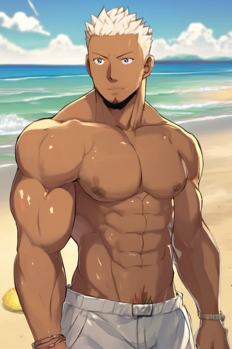 A strong mature man sweating profusely in the sun on the beach, short hair and beard, wheat-colored skin shining in the sun,1boy,topless,dark_skin,blue_eyes,Anime style,bara,