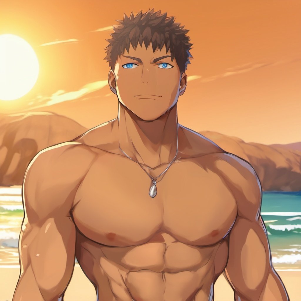 A strong man sweating profusely in the sun on the beach, short hair and beard, wheat-colored skin shining in the sun,1boy,topless,dark_skin,blue_eyes,Anime style,bara,wet body,