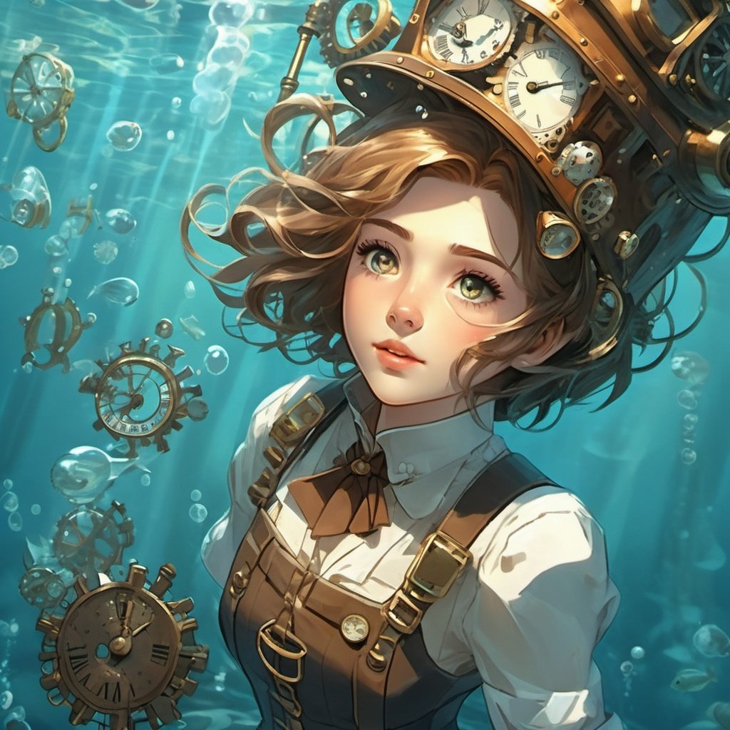 steampunk,1girl,short hair,gear,belt,a sunken ship with big clock in the background,  (illustration:1),masterpiece,best quality,detailed face and eyes,underwater hair physics,air bubbles,light coming through water,reflections,laying in water,split layers of water,school of fish,beauty,anime