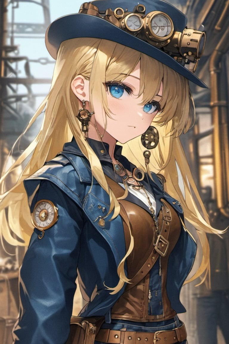 steampunk,anime,detailed and beautiful face, 1girl,leather clothing, solo, hat, jewelry, earrings, long hair, ring, denim, blue eyes, realistic, blonde hair, shorts, bag, belt, blurry background, jacket, blurry