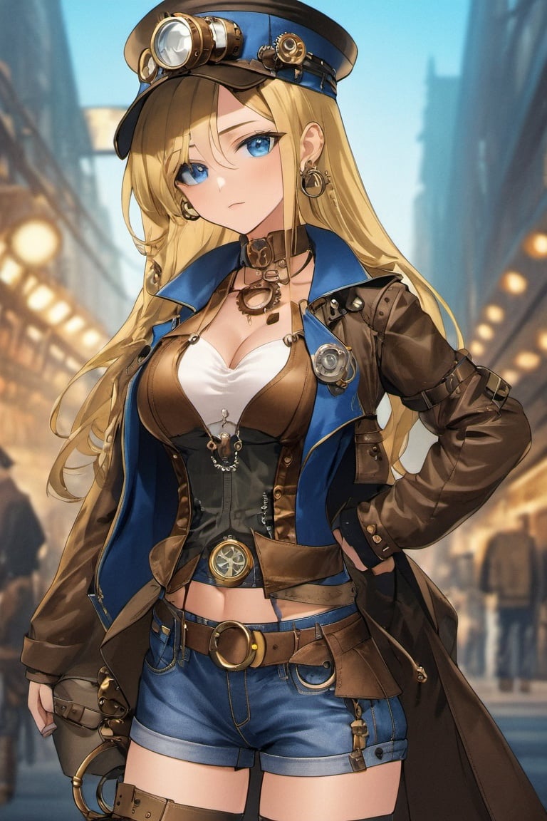 steampunk,anime,detailed and beautiful face, 1girl,leather clothing, solo, hat, jewelry, breasts, cleavage, earrings, long hair, ring, denim, blue eyes, realistic, blonde hair, shorts, bag, belt, blurry background, jacket, blurry