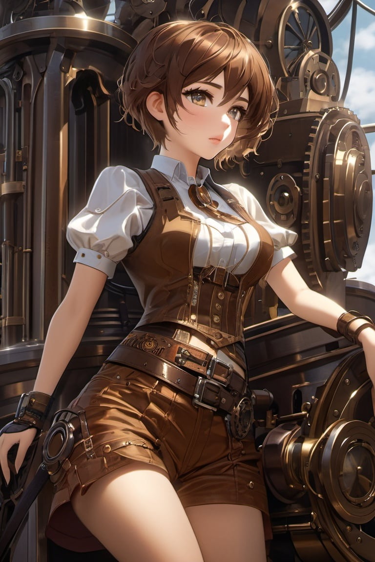 1girl with sitting on a part of huge machine on the upper right corner of the image, huge machine  fills the image, steampunk,belt, gear, anime,8k, dynamic angle,form bottom, of beautiful girl with brown short hair,best shadow, intricate, elegant, majestic, (masterpiece,best quality,ultra_detailed,highres,absurdres:1.2),broken glass, (sidelighting, finely detailed beautiful eyes: 1.2), detailed face and detailed skin, hdr,vvvvvvvvvvvvvvvvvvvvvvvvvvvvvvv