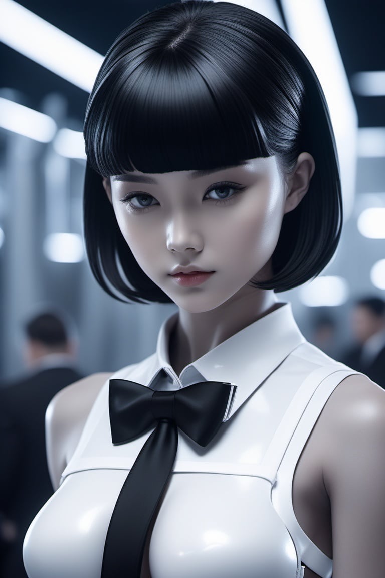 (masterpiece,best quality, ultra realistic,32k,RAW photo,detailed skin, 8k uhd, high quality:1.2), cybernetic style worksafe. insanely detailed. black and white. instagram photo, kodak portra. by wlop, ilya kuvshinov, krenz cushart, greg rutkowski, pixiv. zbrush sculpt, octane, maya, houdini, vfx. closeup schoolgirl, from behind, posing. by ayami kojima. cinematic dramatic atmosphere, sharp focus, volumetric lighting. . futuristic, technological, cybernetic enhancements, robotics, artificial intelligence themes